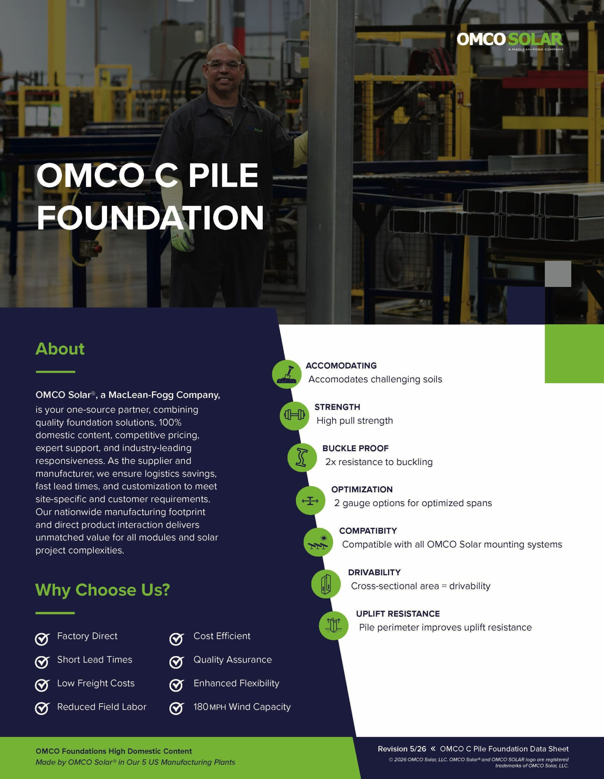 Factory worker in a metal fabrication plant with stacked square steel tubes and a bold 'OMCO Solar Foundation' text overlay.