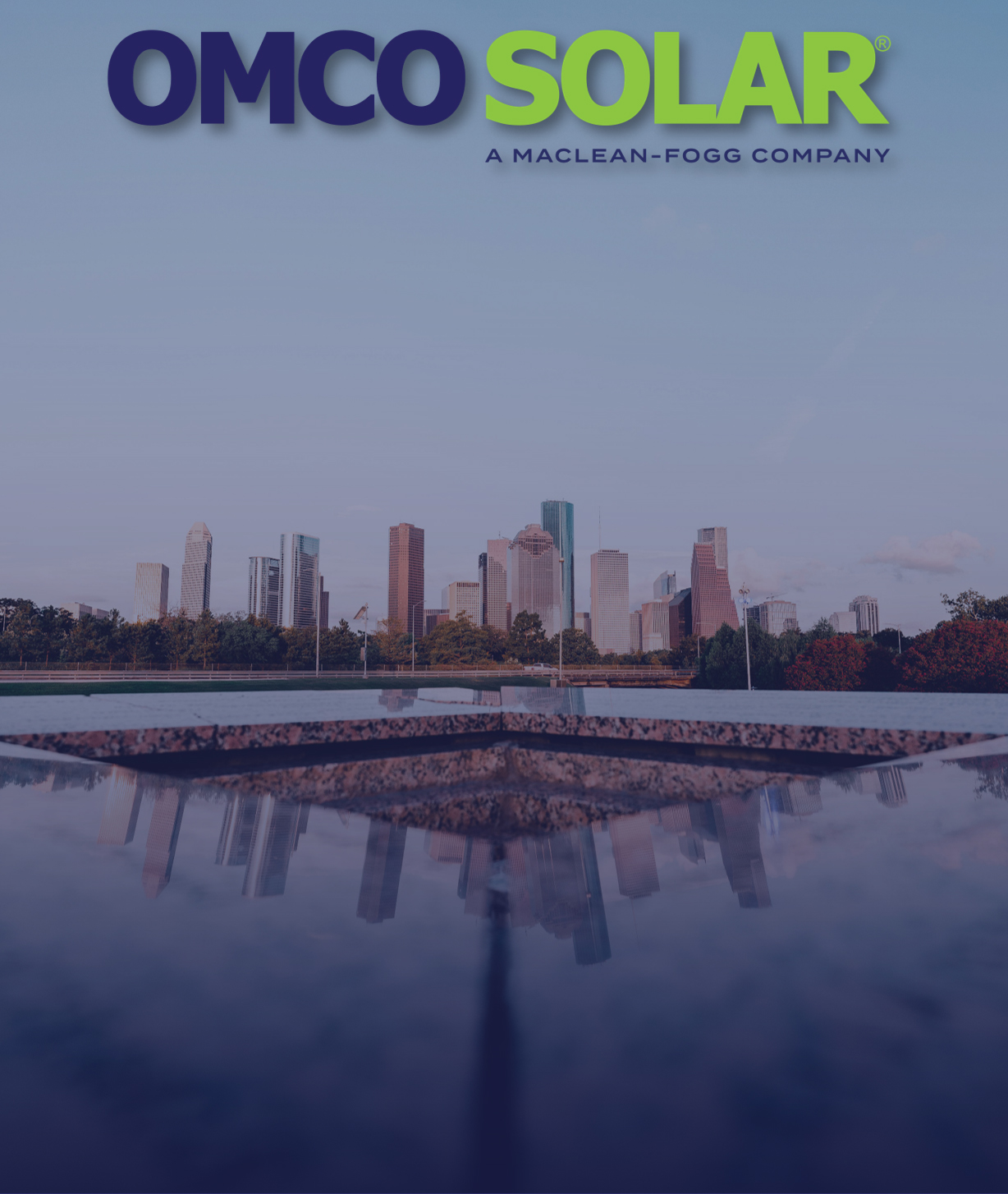 OMCO SOLAR logo over a city skyline with a reflective pool in the foreground.