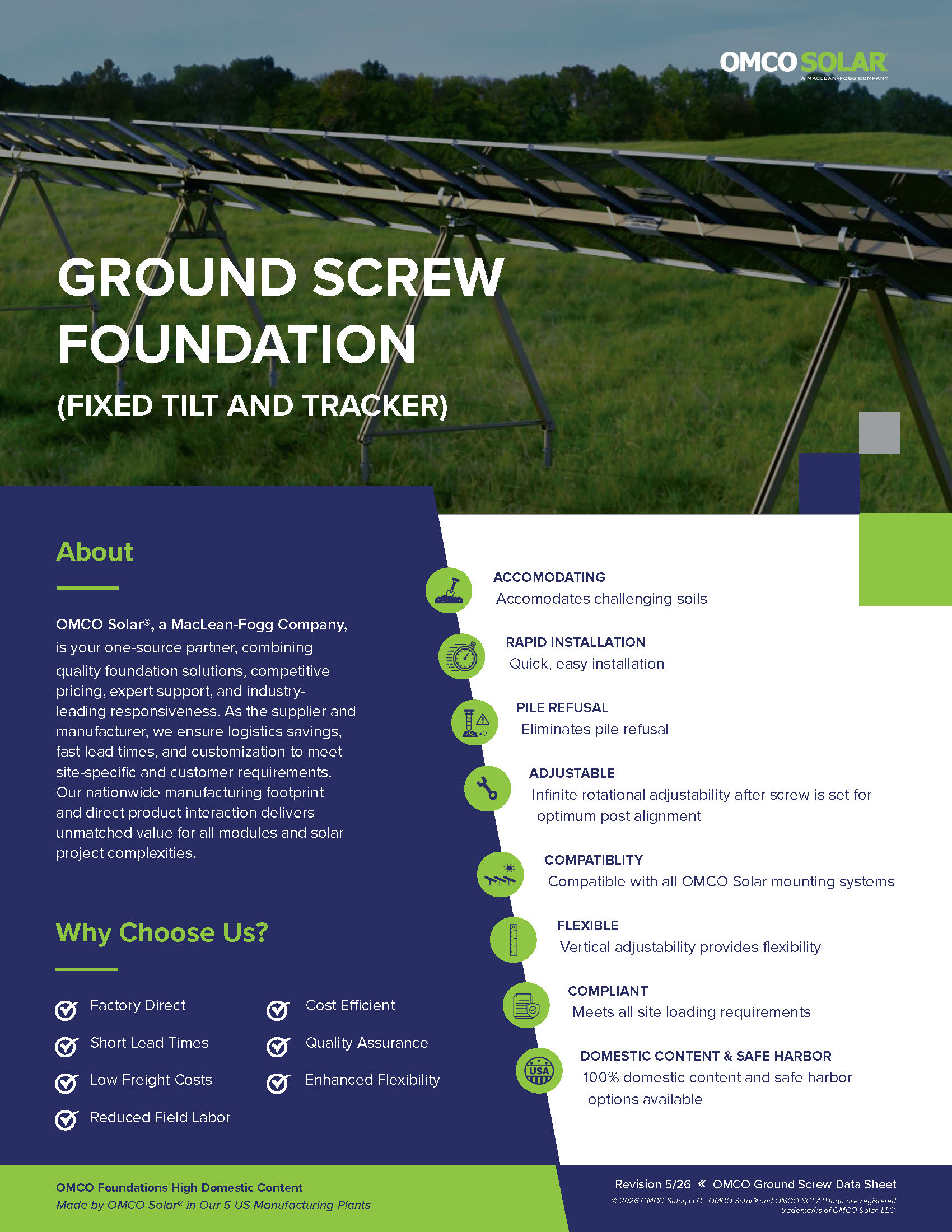 Solar panel mounting framework in a field with a bold headline reading 'Ground Screw Foundation (Fixed Tilt and Tracker)' and the OMCO Solar logo in the top-right corner.