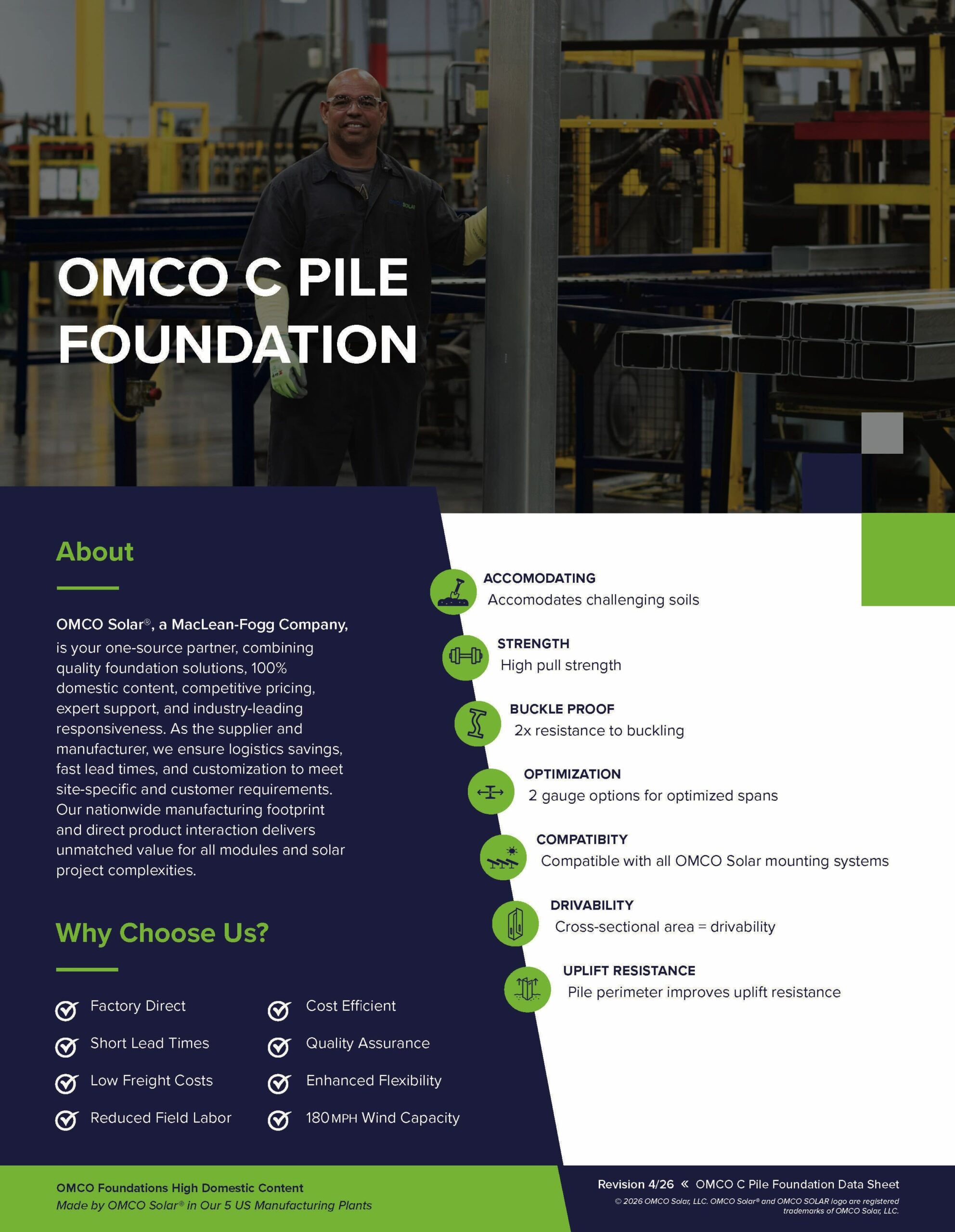 Factory worker in a metal fabrication plant with stacked square steel tubes and a bold 'OMCO Solar Foundation' text overlay.