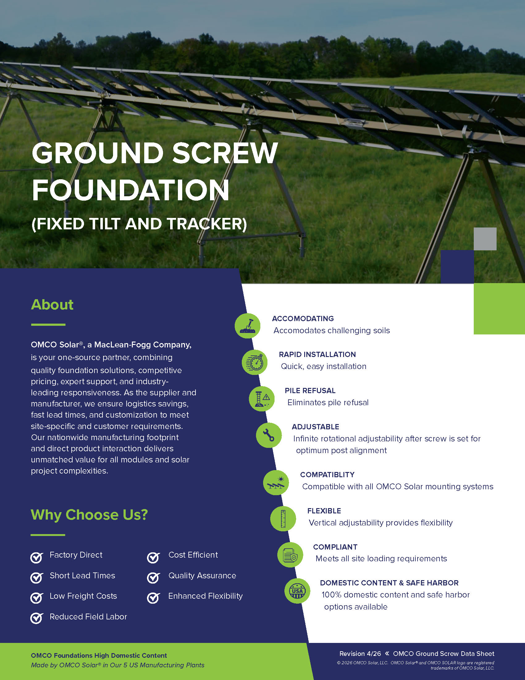 Solar ground-screw foundation structure in a grassy field with the overlay text 'GROUND SCREW FOUNDATION (FIXED TILT AND TRACKER)'