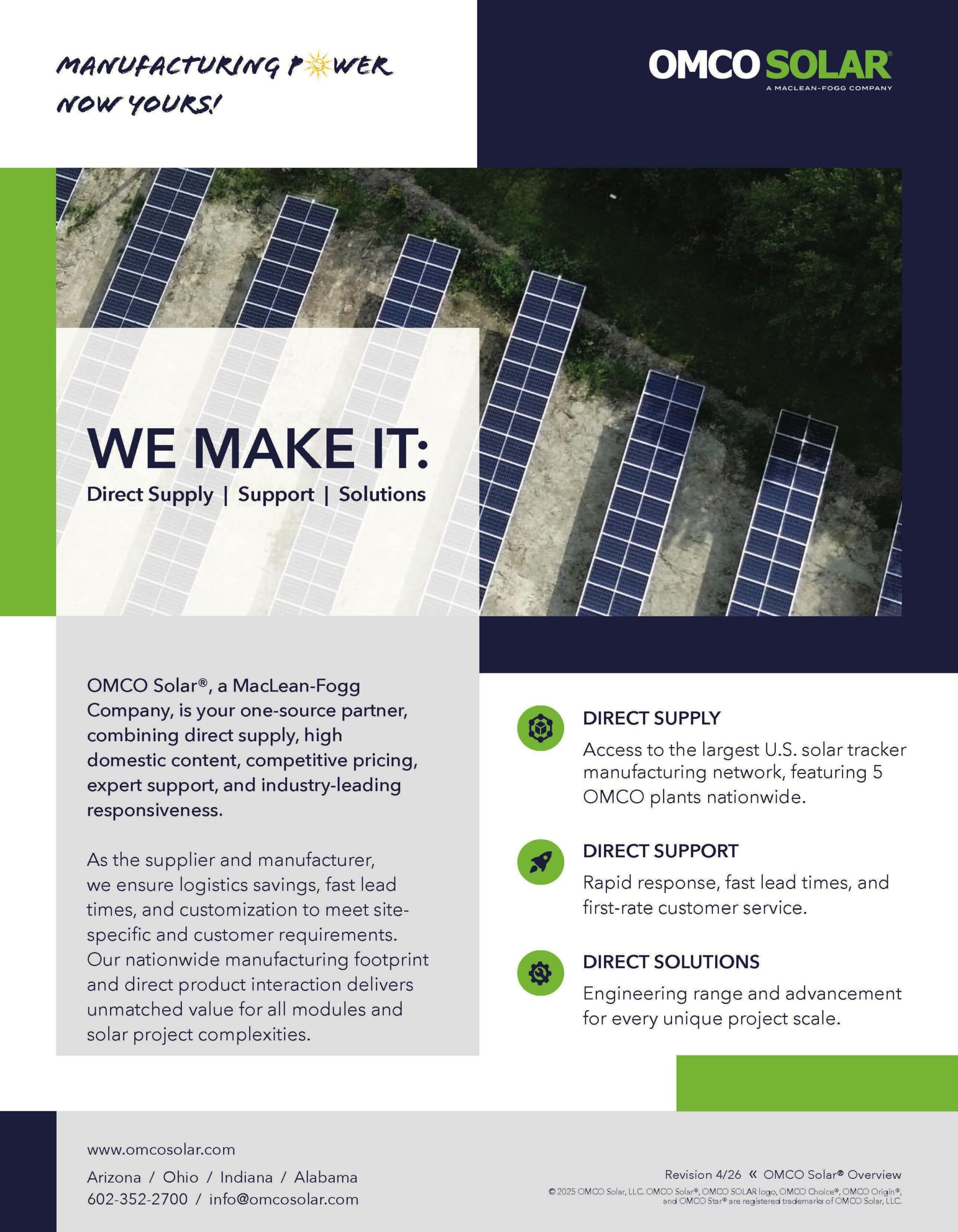OMCO Solar brochure cover with solar panels and logos; headline reads 'WE MAKE IT:' with 'Direct Supply | Support | Solutions' text visible in the foreground.