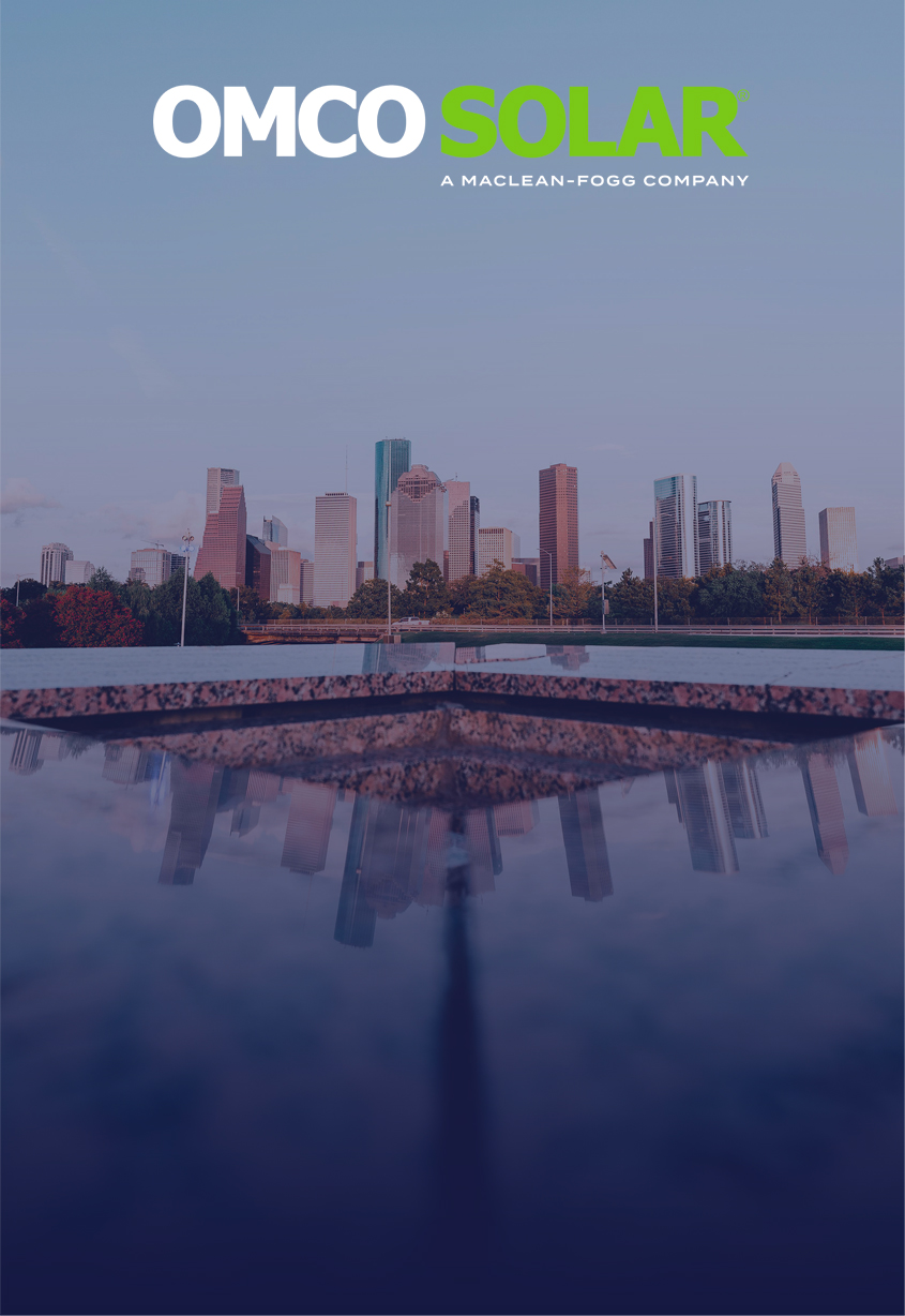 OMCO SOLAR logo over a city skyline with a reflective pool in the foreground.