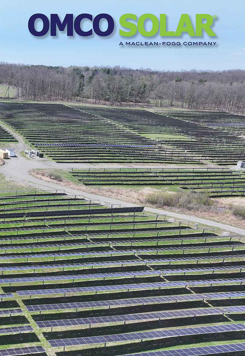 OMCO SOLAR logo over a city skyline with a reflective pool in the foreground.